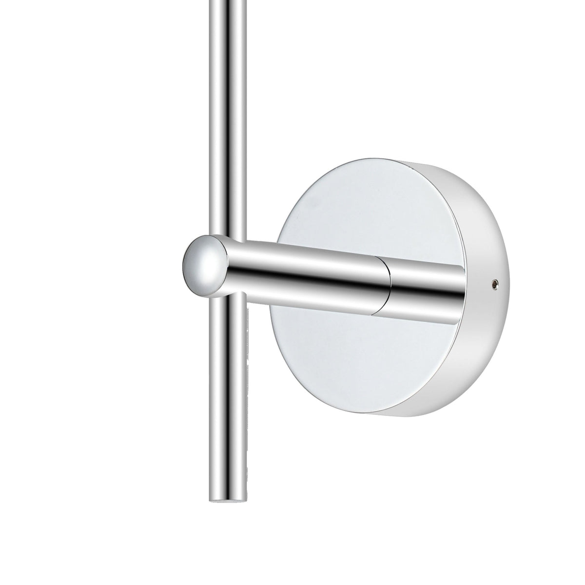 A close-up of the chrome wall mount and base of a modern wall light fixture.