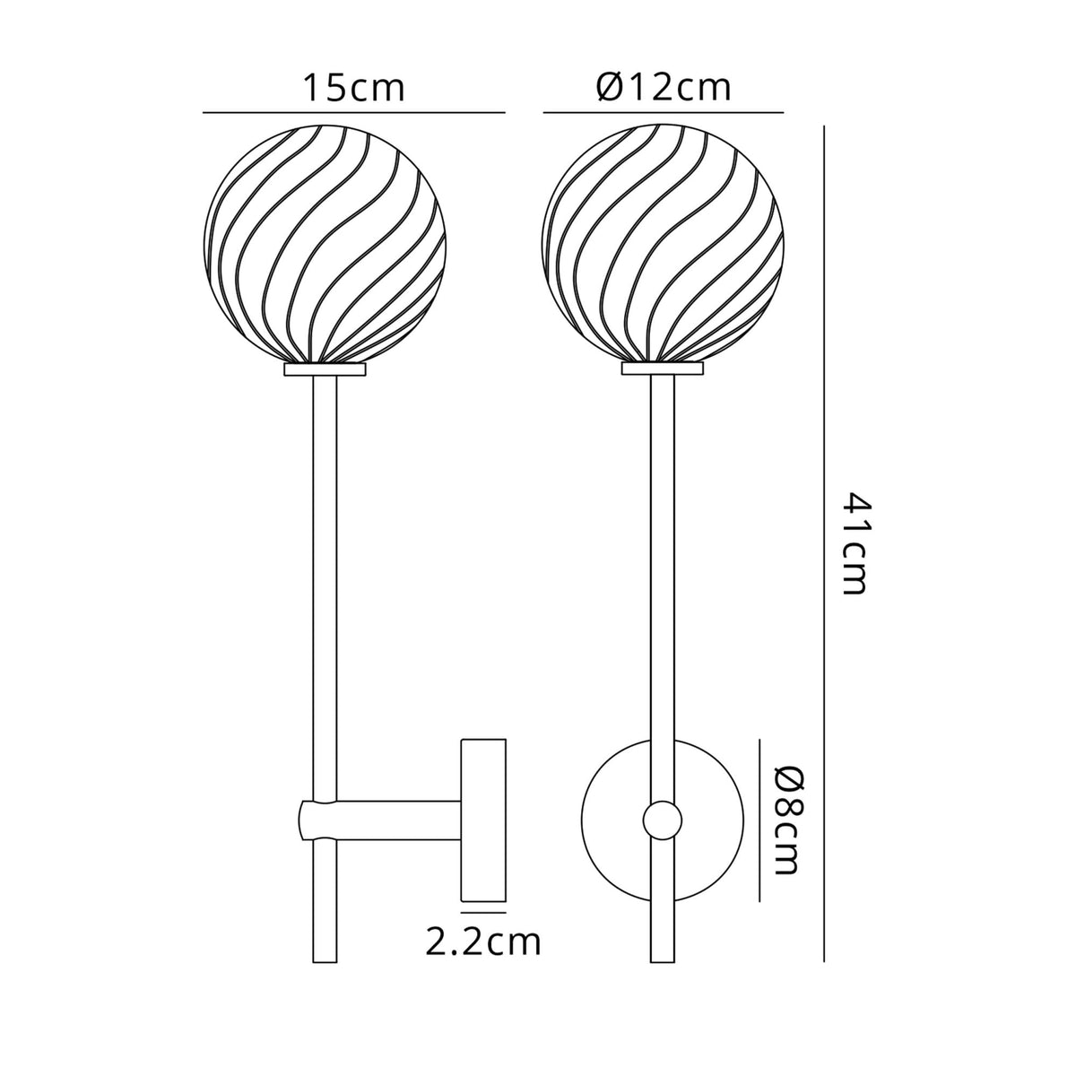 Technical line drawing showing the dimensions of the wall light from front and side views.