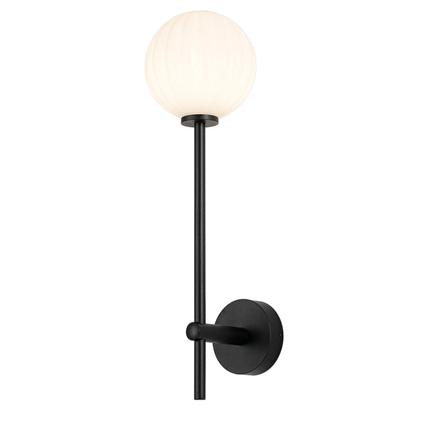 Tenterden Tall Arm IP44 Wall Light in Satin Black with Segment Round Opal Glass Diffuser