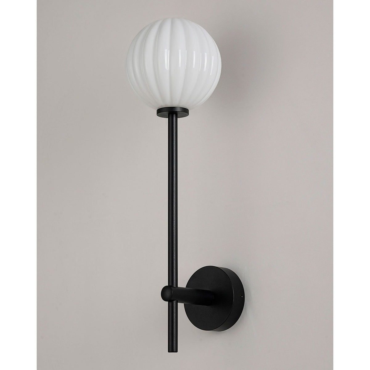 Tenterden Tall Arm IP44 Wall Light in Satin Black with Segment Round Opal Glass Diffuser