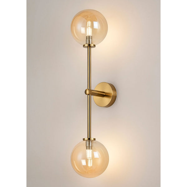 Tenterden Tall Twin Arm IP44 Wall Light in Brass Gold with Smooth Round Amber Glass Diffusers