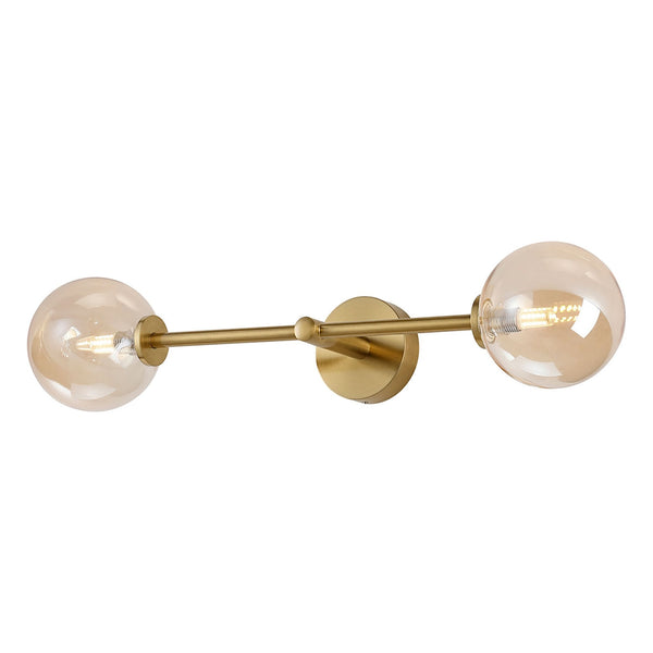 Tenterden Tall Twin Arm IP44 Wall Light in Brass Gold with Smooth Round Amber Glass Diffusers