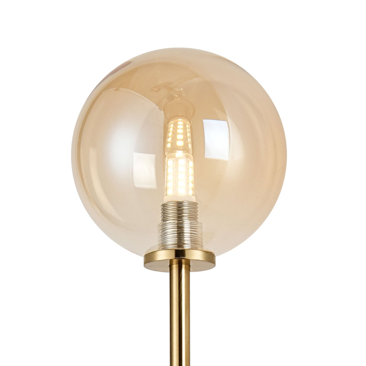 Tenterden Tall Twin Arm IP44 Wall Light in Brass Gold with Smooth Round Amber Glass Diffusers