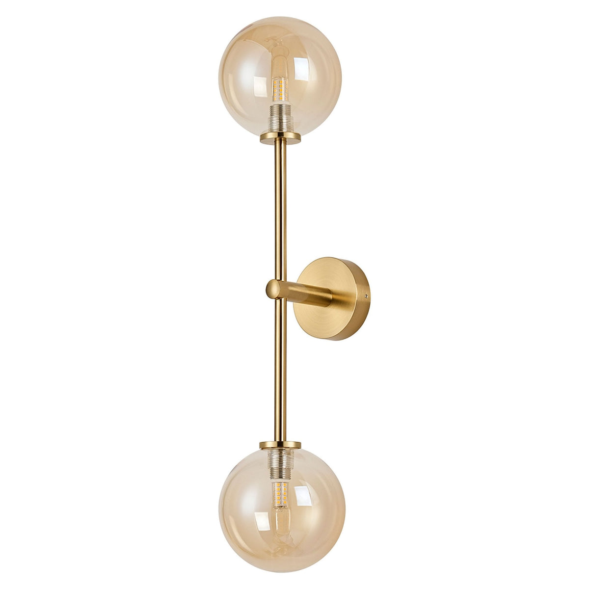 Tenterden Tall Twin Arm IP44 Wall Light in Brass Gold with Smooth Round Amber Glass Diffusers