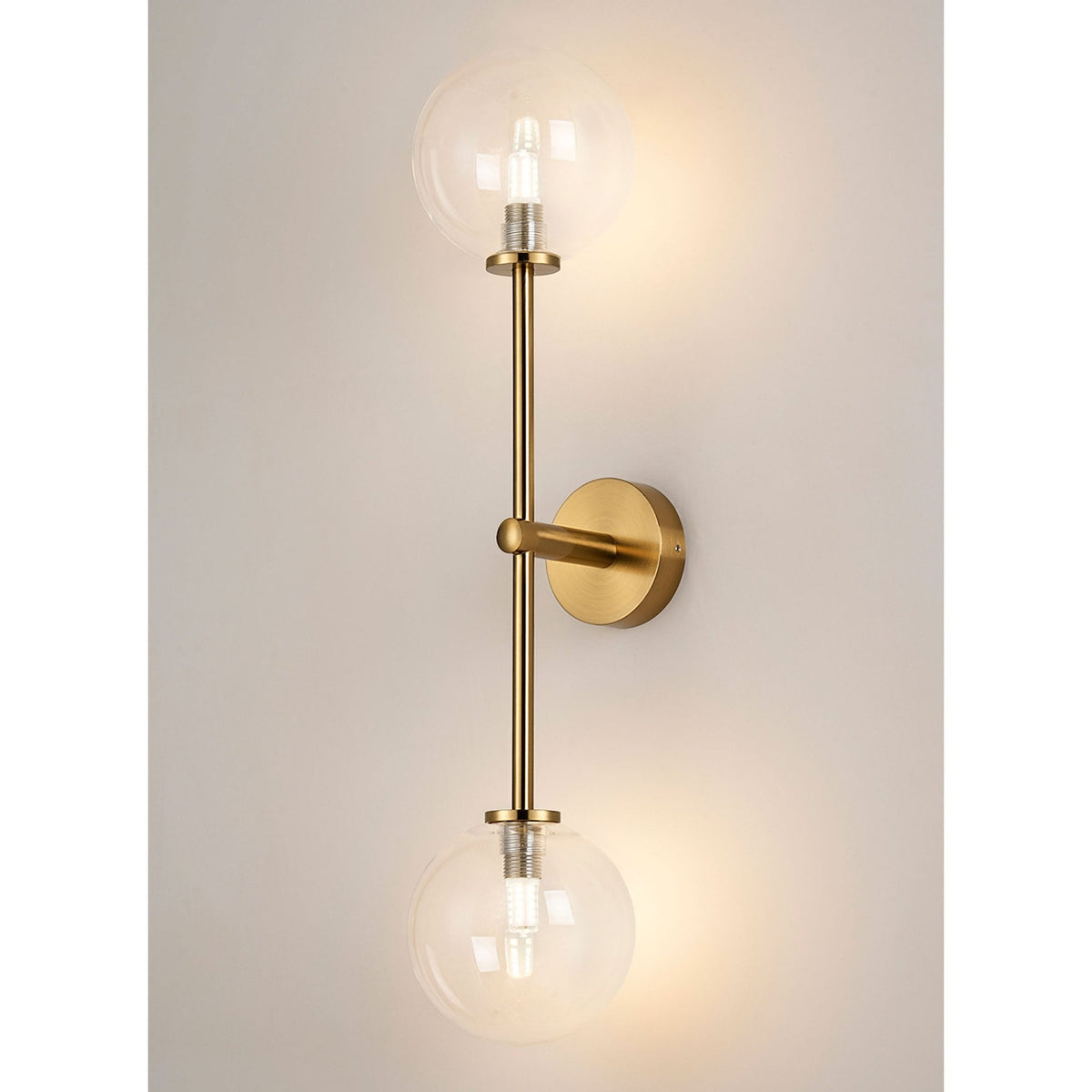 Tenterden Tall Twin Arm IP44 Wall Light in Brass Gold with Smooth Round Clear Glass Diffusers