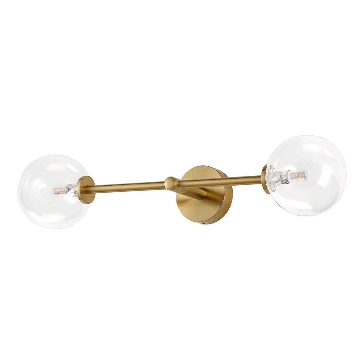 Tenterden Tall Twin Arm IP44 Wall Light in Brass Gold with Smooth Round Clear Glass Diffusers