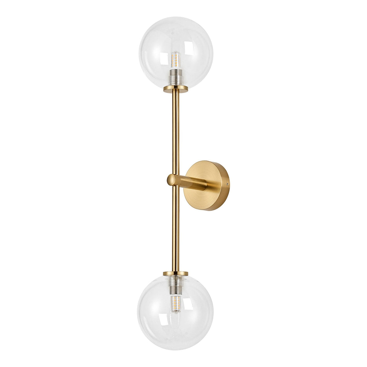 Tenterden Tall Twin Arm IP44 Wall Light in Brass Gold with Smooth Round Clear Glass Diffusers
