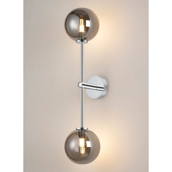 Tenterden Tall Twin Arm IP44 Wall Light in Chrome with Smooth Round Smoke Glass Diffusers