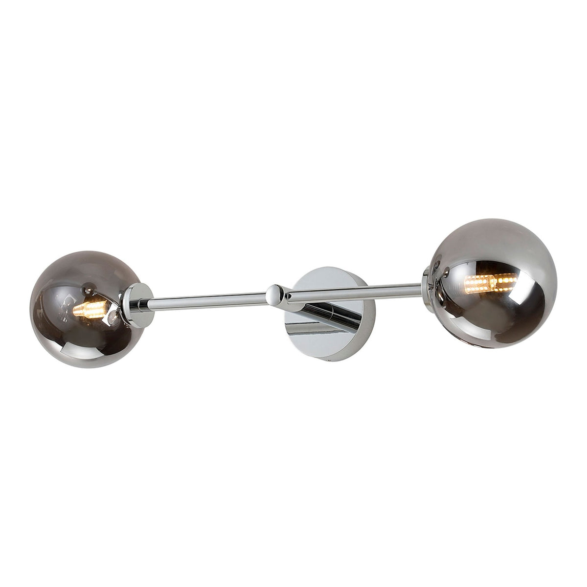 Tenterden Tall Twin Arm IP44 Wall Light in Chrome with Smooth Round Smoke Glass Diffusers
