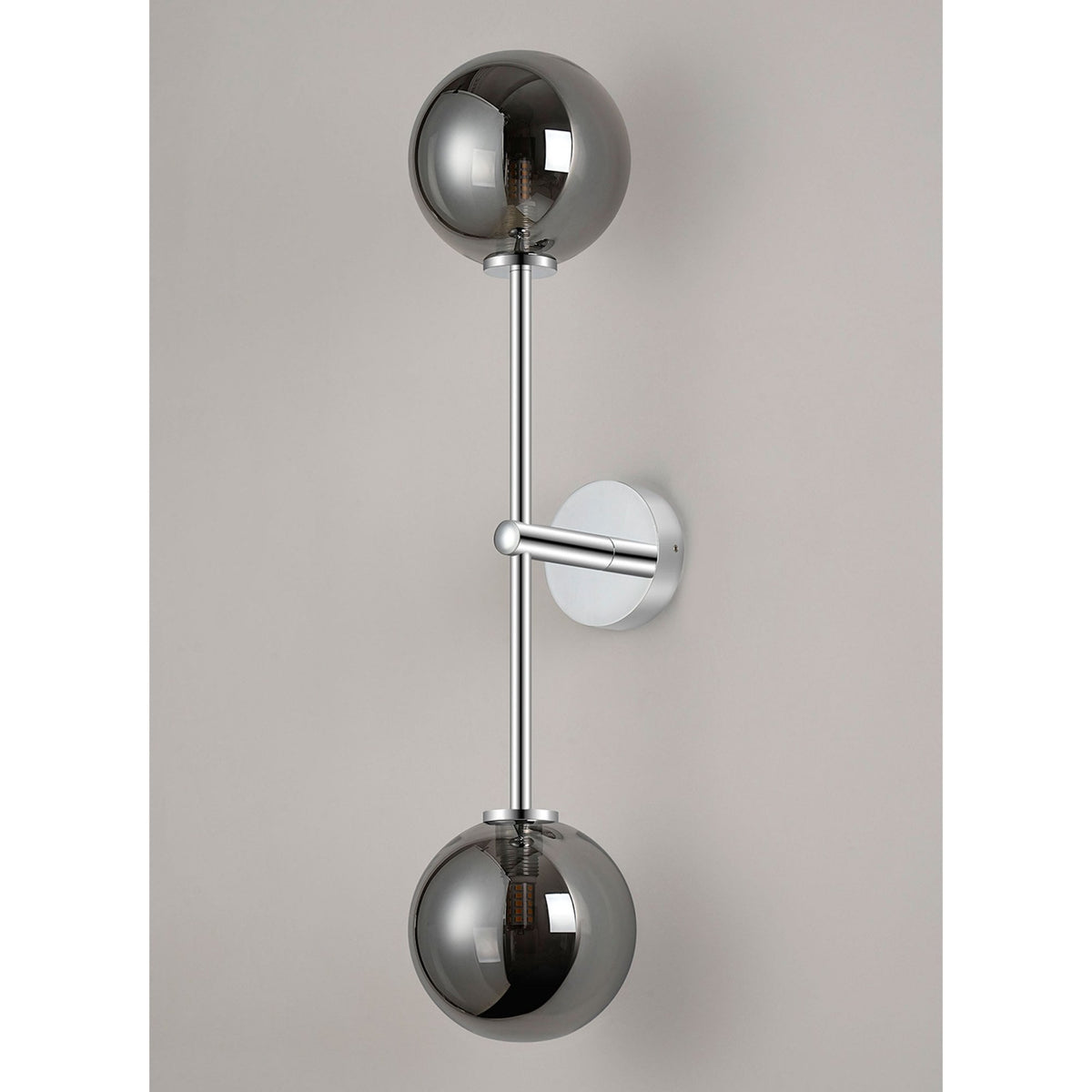 Tenterden Tall Twin Arm IP44 Wall Light in Chrome with Smooth Round Smoke Glass Diffusers