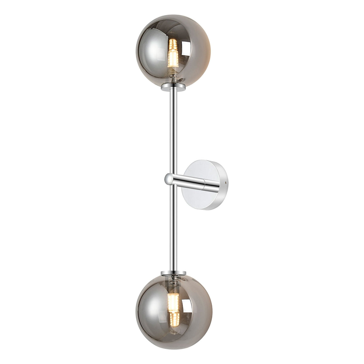 Tenterden Tall Twin Arm IP44 Wall Light in Chrome with Smooth Round Smoke Glass Diffusers