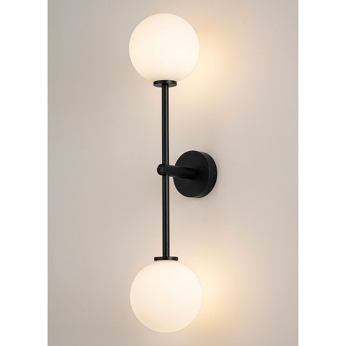 Tenterden Tall Twin Arm IP44 Wall Light in Satin Black with Smooth Round Opal Glass Diffusers