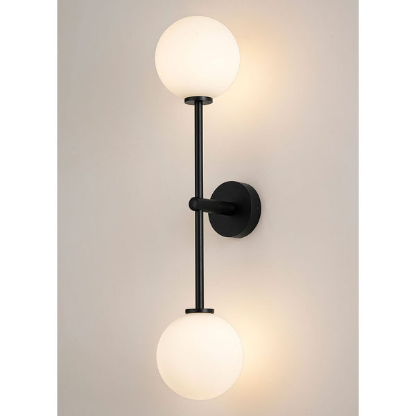 Tenterden Tall Twin Arm IP44 Wall Light in Satin Black with Smooth Round Opal Glass Diffusers
