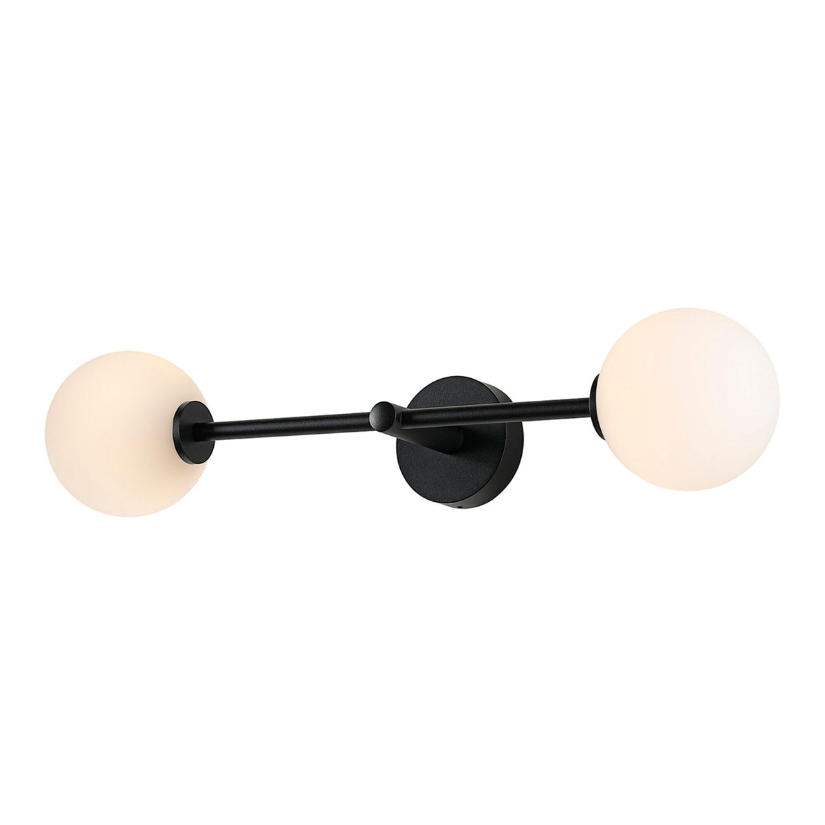 Tenterden Tall Twin Arm IP44 Wall Light in Satin Black with Smooth Round Opal Glass Diffusers