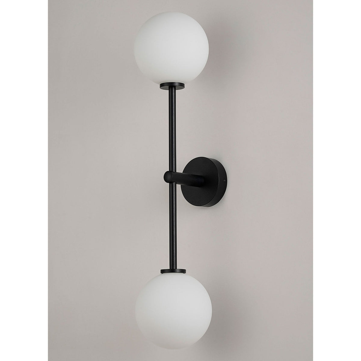 Tenterden Tall Twin Arm IP44 Wall Light in Satin Black with Smooth Round Opal Glass Diffusers