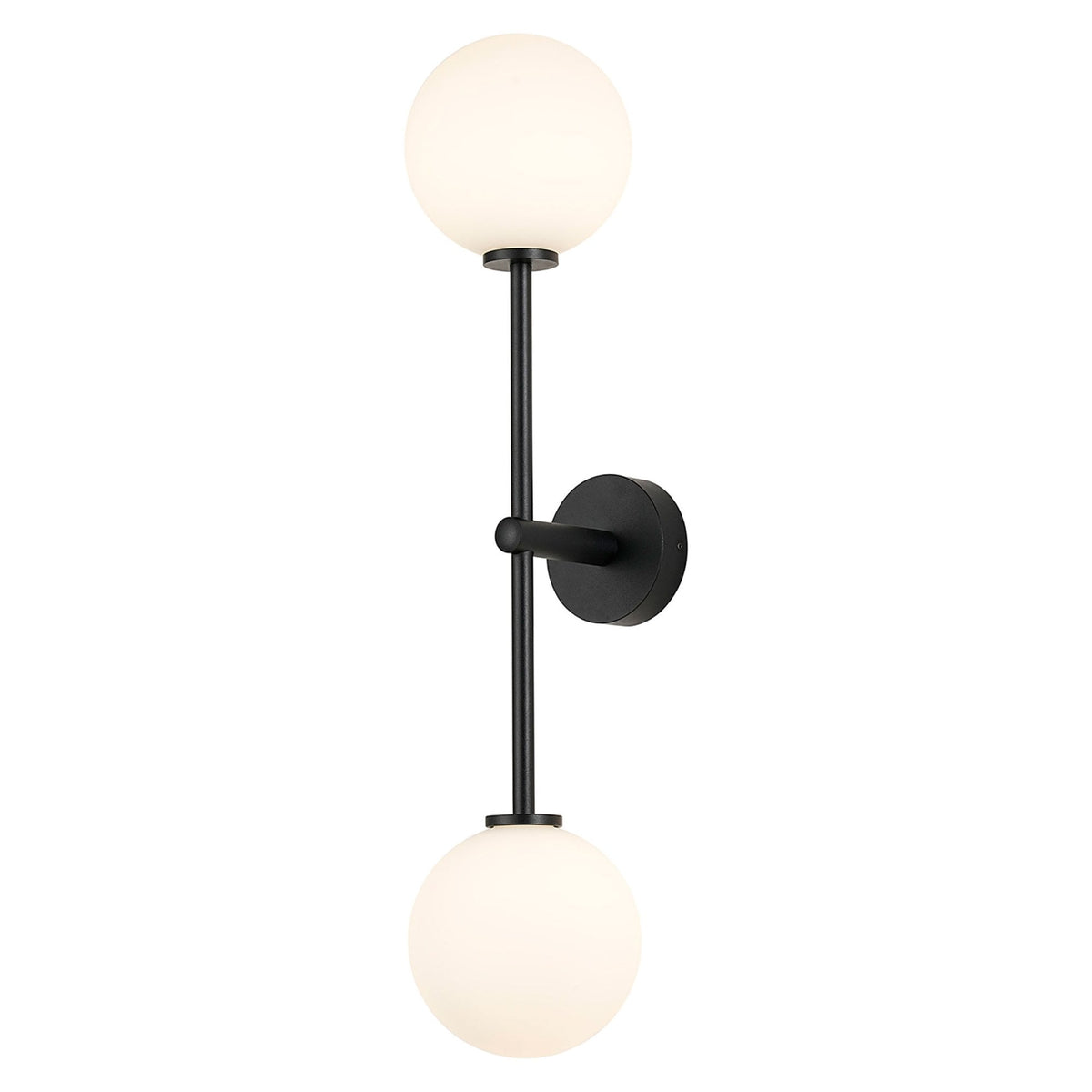 Tenterden Tall Twin Arm IP44 Wall Light in Satin Black with Smooth Round Opal Glass Diffusers