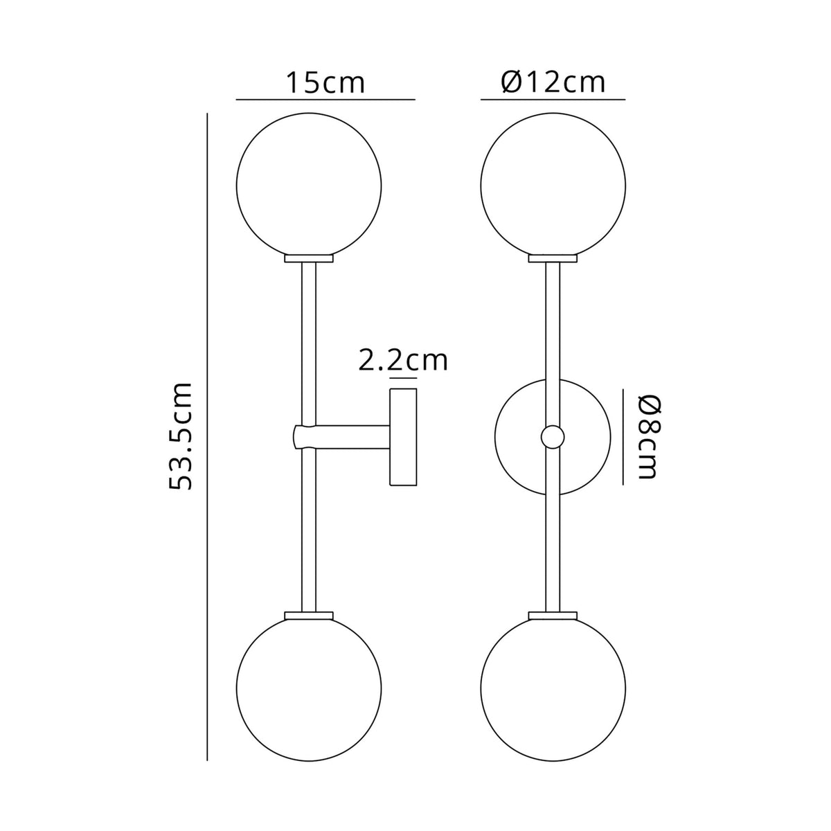 Tenterden Tall Twin Arm IP44 Wall Light in Satin Black with Smooth Round Opal Glass Diffusers