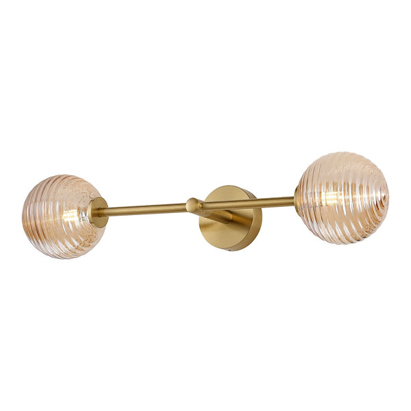 Tenterden Tall Twin Arm IP44 Wall Light in Brass Gold with Ribbed Round Amber Glass Diffusers