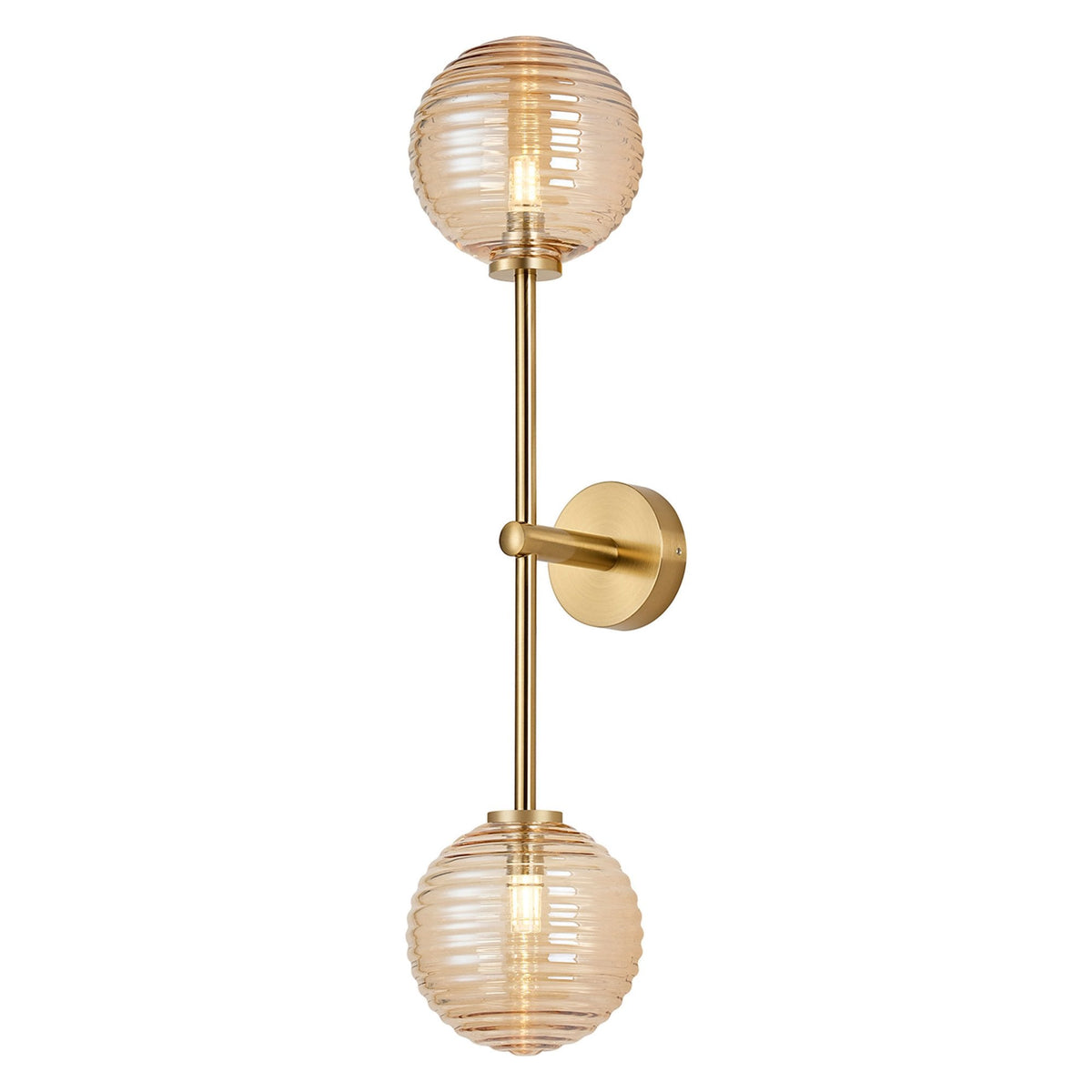 Tenterden Tall Twin Arm IP44 Wall Light in Brass Gold with Ribbed Round Amber Glass Diffusers