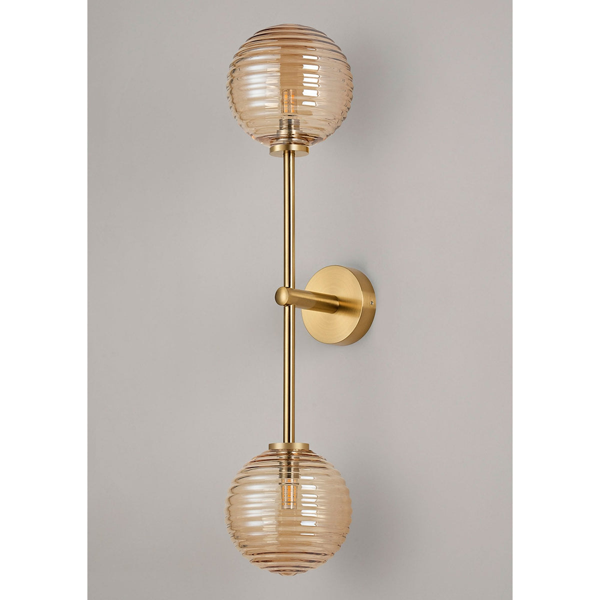 Tenterden Tall Twin Arm IP44 Wall Light in Brass Gold with Ribbed Round Amber Glass Diffusers