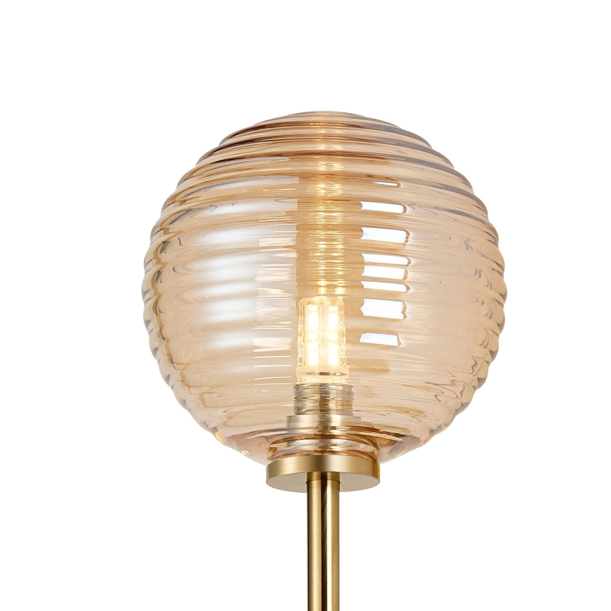 Tenterden Tall Twin Arm IP44 Wall Light in Brass Gold with Ribbed Round Amber Glass Diffusers