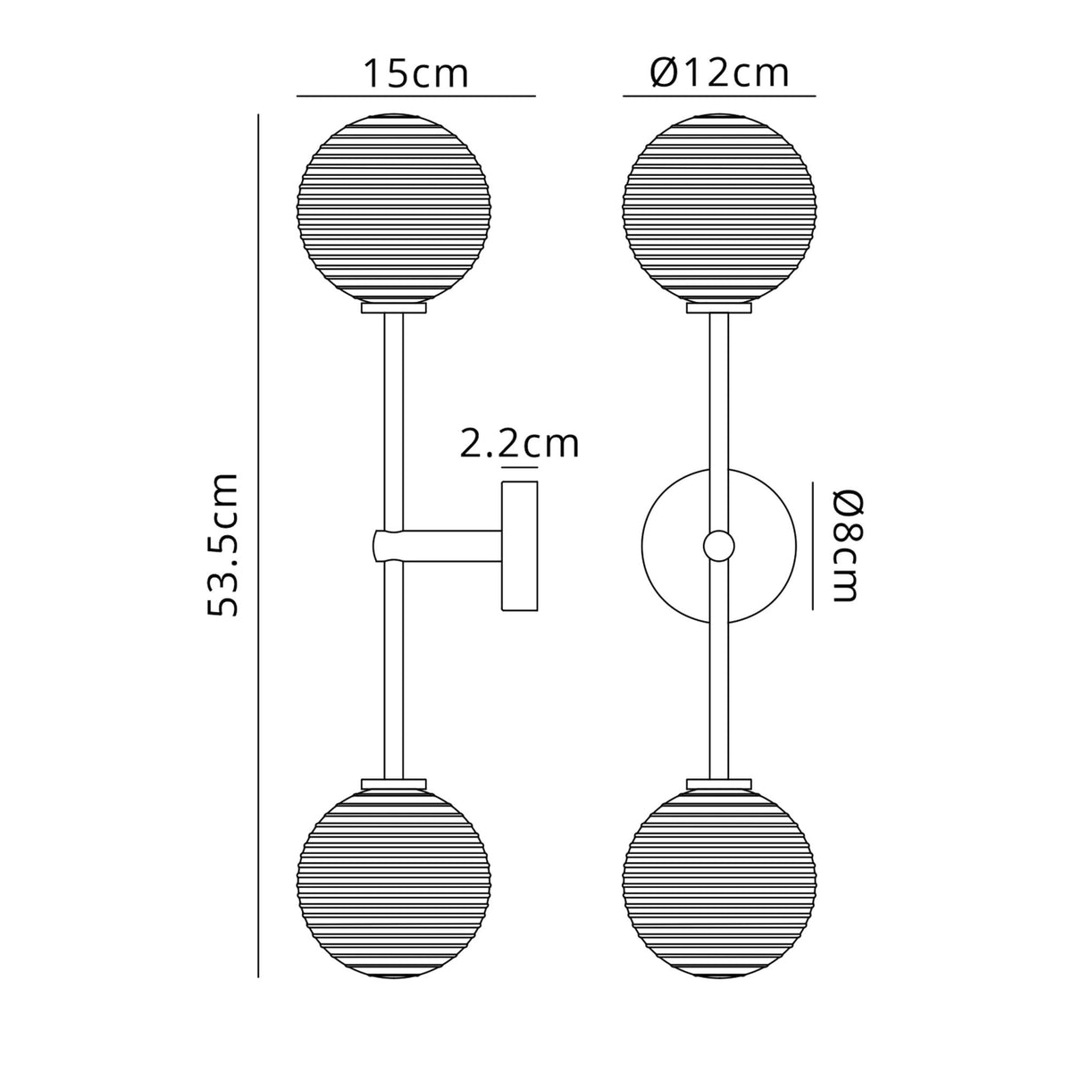 Tenterden Tall Twin Arm IP44 Wall Light in Satin Black with Ribbed Round Smoke Glass Diffusers