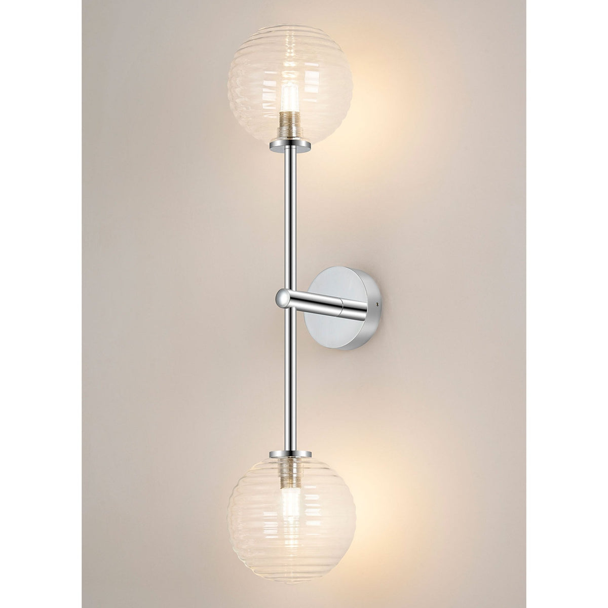 Tenterden Tall Twin Arm IP44 Wall Light in Chrome with Ribbed Round Clear Glass Diffusers