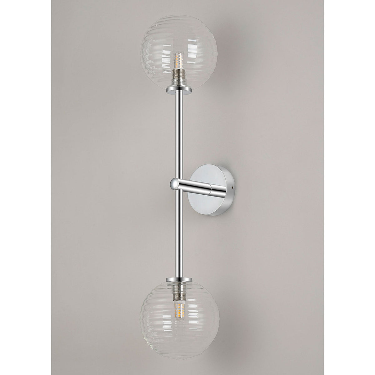 Tenterden Tall Twin Arm IP44 Wall Light in Chrome with Ribbed Round Clear Glass Diffusers