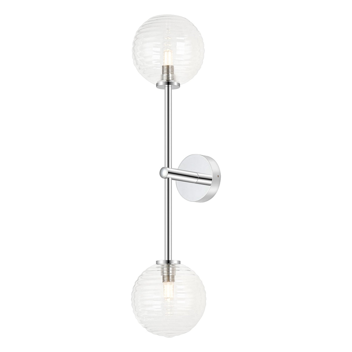 Tenterden Tall Twin Arm IP44 Wall Light in Chrome with Ribbed Round Clear Glass Diffusers