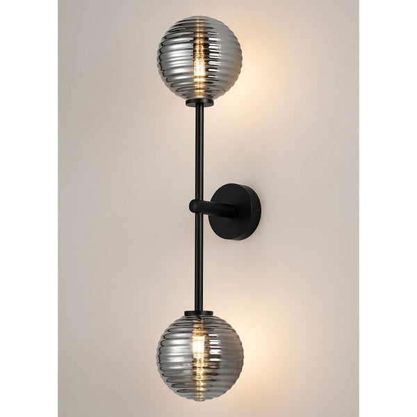 Tenterden Tall Twin Arm IP44 Wall Light in Satin Black with Ribbed Round Smoke Glass Diffusers