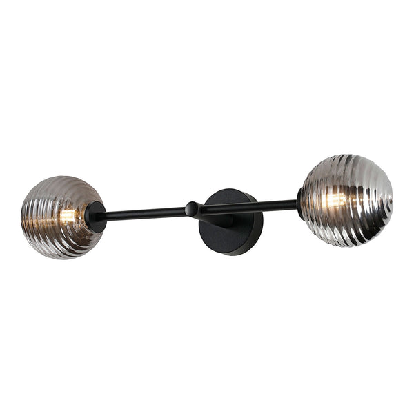Tenterden Tall Twin Arm IP44 Wall Light in Satin Black with Ribbed Round Smoke Glass Diffusers