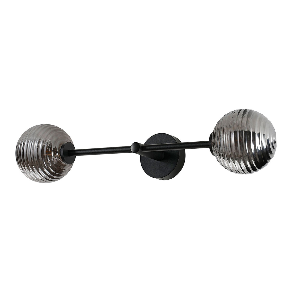 Tenterden Tall Twin Arm IP44 Wall Light in Satin Black with Ribbed Round Smoke Glass Diffusers