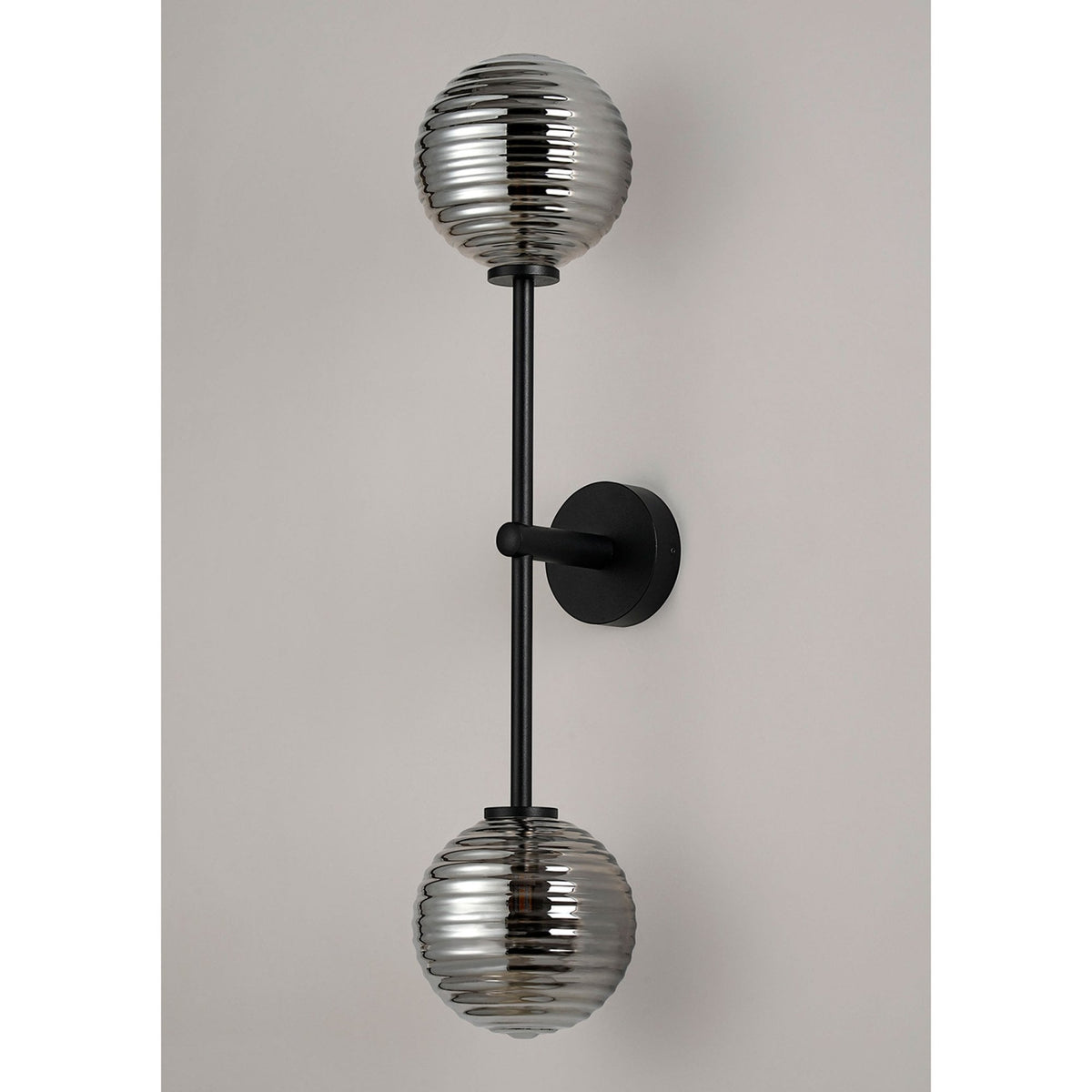 Tenterden Tall Twin Arm IP44 Wall Light in Satin Black with Ribbed Round Smoke Glass Diffusers