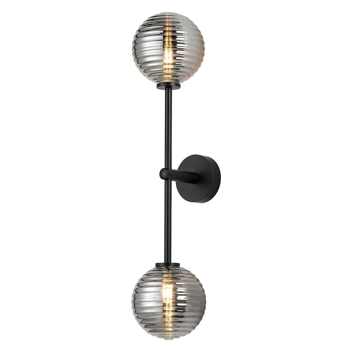 Tenterden Tall Twin Arm IP44 Wall Light in Satin Black with Ribbed Round Smoke Glass Diffusers