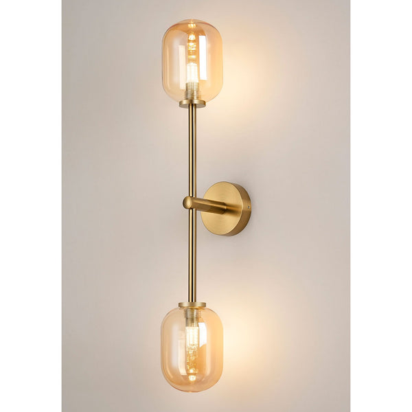 Tenterden Tall Twin Arm IP44 Wall Light in Brass Gold with Smooth Tubular Amber Glass Diffusers