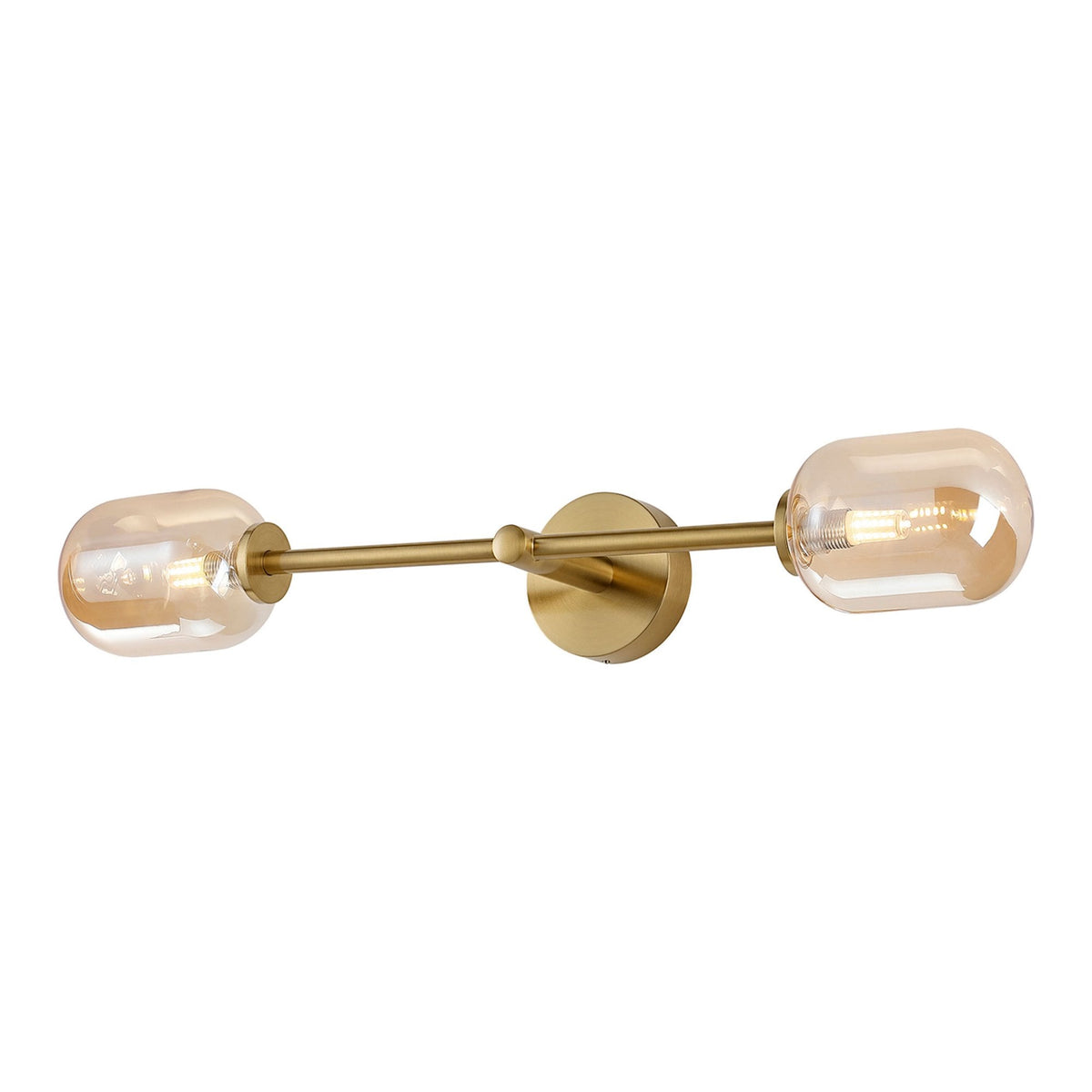 Tenterden Tall Twin Arm IP44 Wall Light in Brass Gold with Smooth Tubular Amber Glass Diffusers
