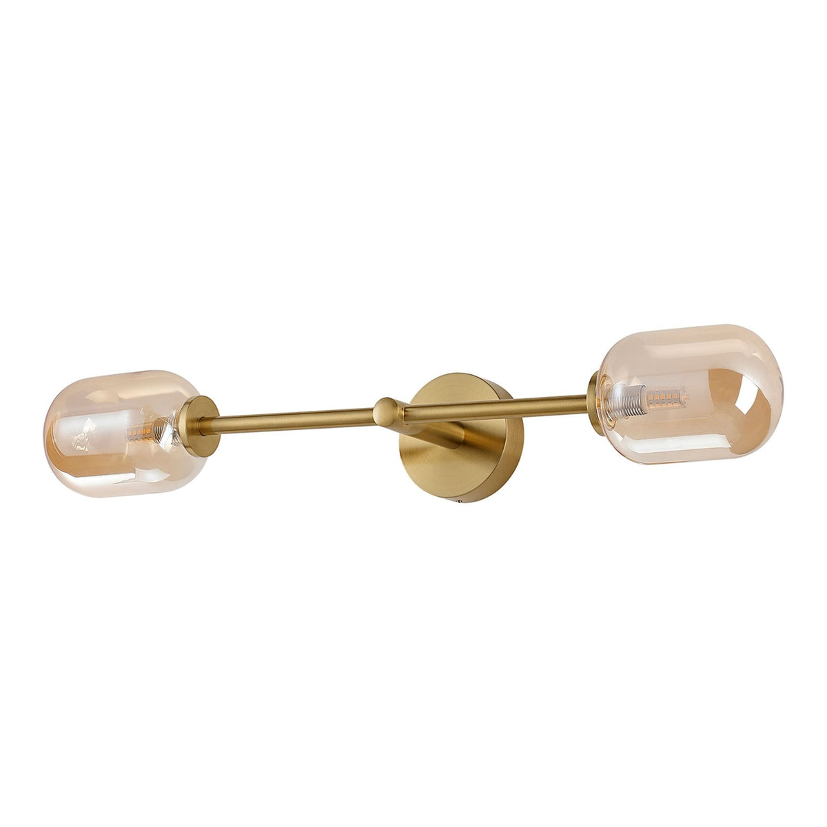 Tenterden Tall Twin Arm IP44 Wall Light in Brass Gold with Smooth Tubular Amber Glass Diffusers