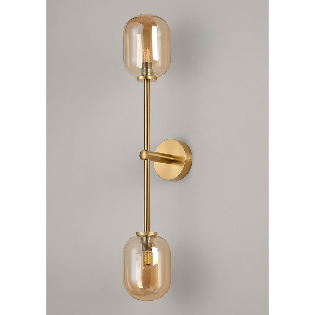 Tenterden Tall Twin Arm IP44 Wall Light in Brass Gold with Smooth Tubular Amber Glass Diffusers