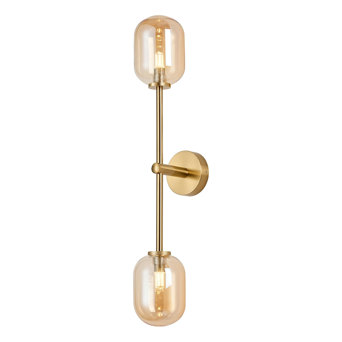 Tenterden Tall Twin Arm IP44 Wall Light in Brass Gold with Smooth Tubular Amber Glass Diffusers