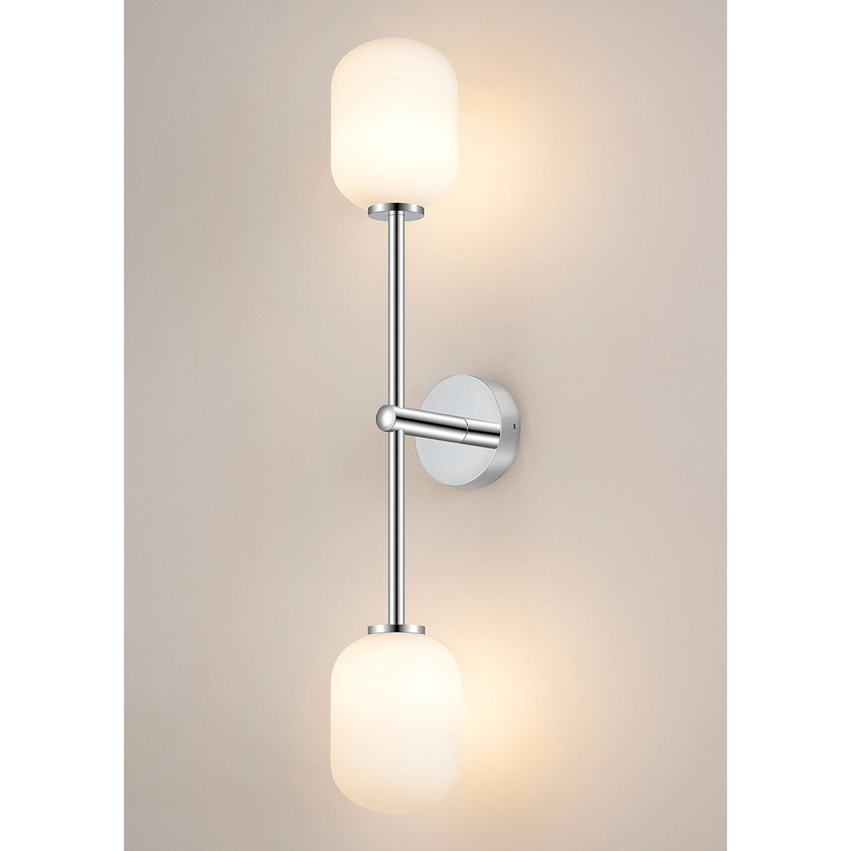 Tenterden Tall Twin Arm IP44 Wall Light in Chrome with Smooth Tubular Opal Glass Diffusers