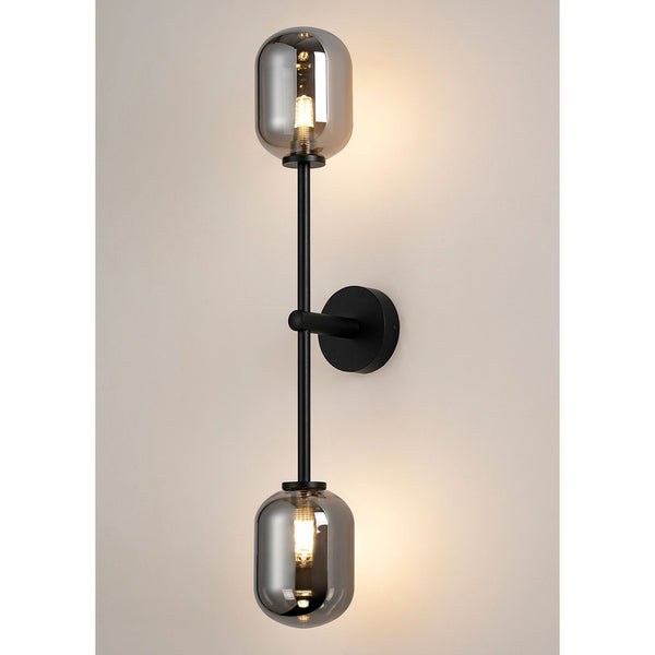 Tenterden Tall Twin Arm IP44 Wall Light in Satin Black with Smooth Tubular Smoke Glass Diffusers