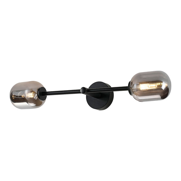 Tenterden Tall Twin Arm IP44 Wall Light in Satin Black with Smooth Tubular Smoke Glass Diffusers