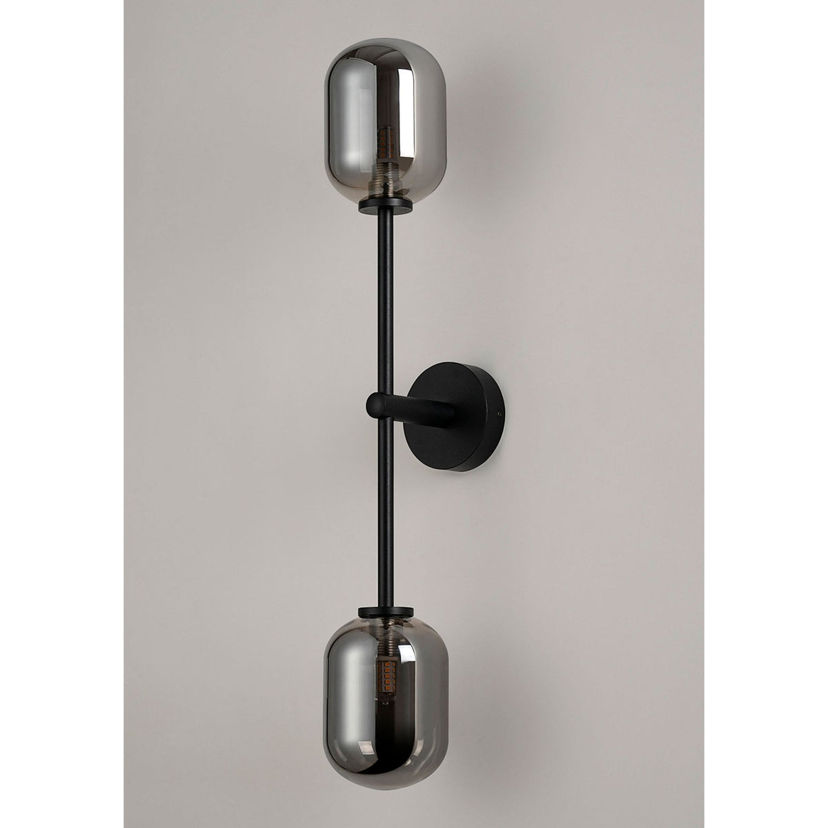 Tenterden Tall Twin Arm IP44 Wall Light in Satin Black with Smooth Tubular Smoke Glass Diffusers