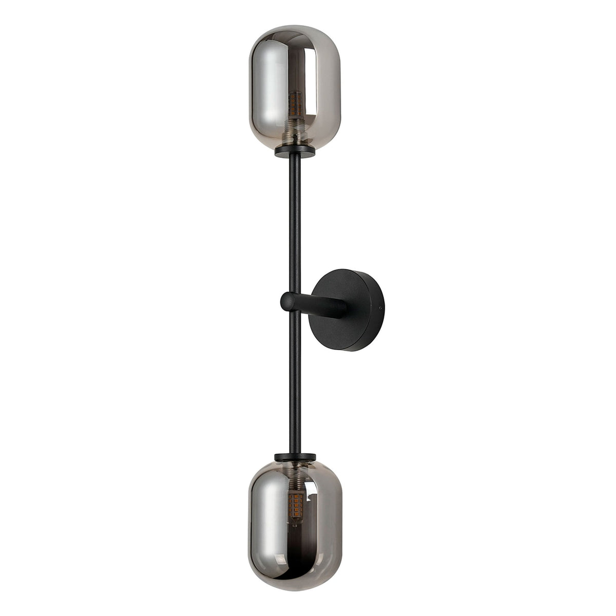 Tenterden Tall Twin Arm IP44 Wall Light in Satin Black with Smooth Tubular Smoke Glass Diffusers