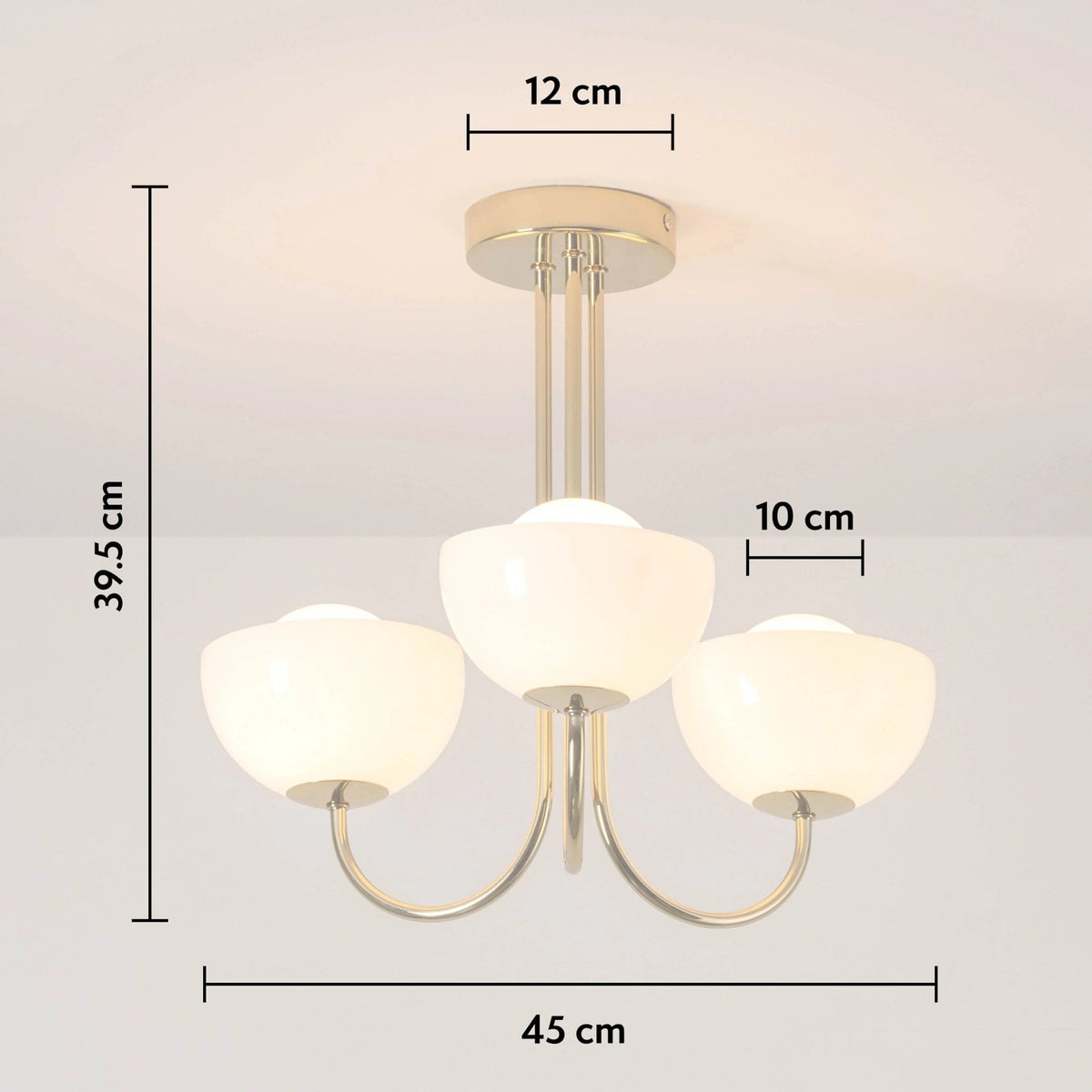 A diagram with the measurements of the three-arm chandelier.