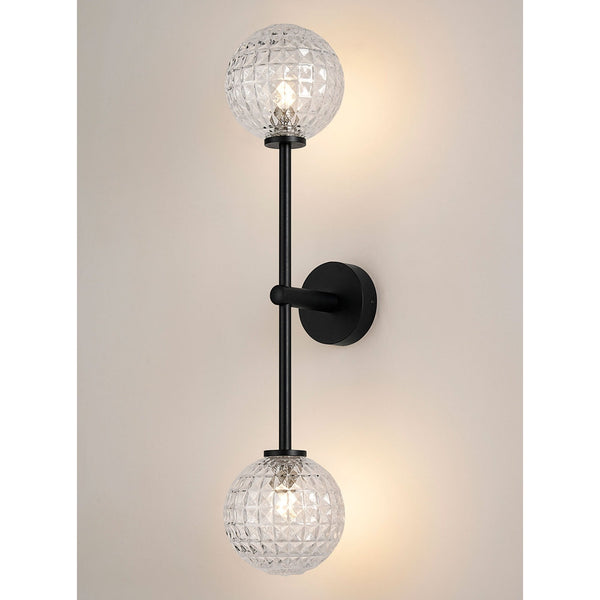 Tenterden Tall Twin Arm IP44 Wall Light in Satin Black with Cross Pattern Round Clear Glass Diffusers