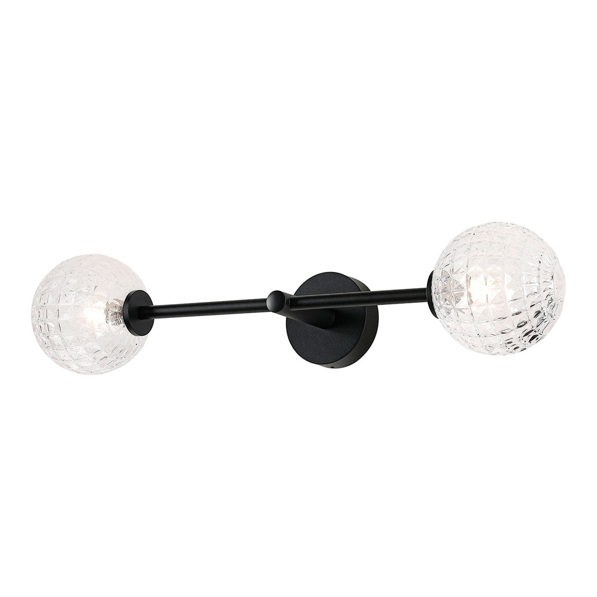 Tenterden Tall Twin Arm IP44 Wall Light in Satin Black with Cross Pattern Round Clear Glass Diffusers