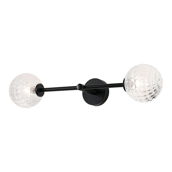 Tenterden Tall Twin Arm IP44 Wall Light in Satin Black with Cross Pattern Round Clear Glass Diffusers