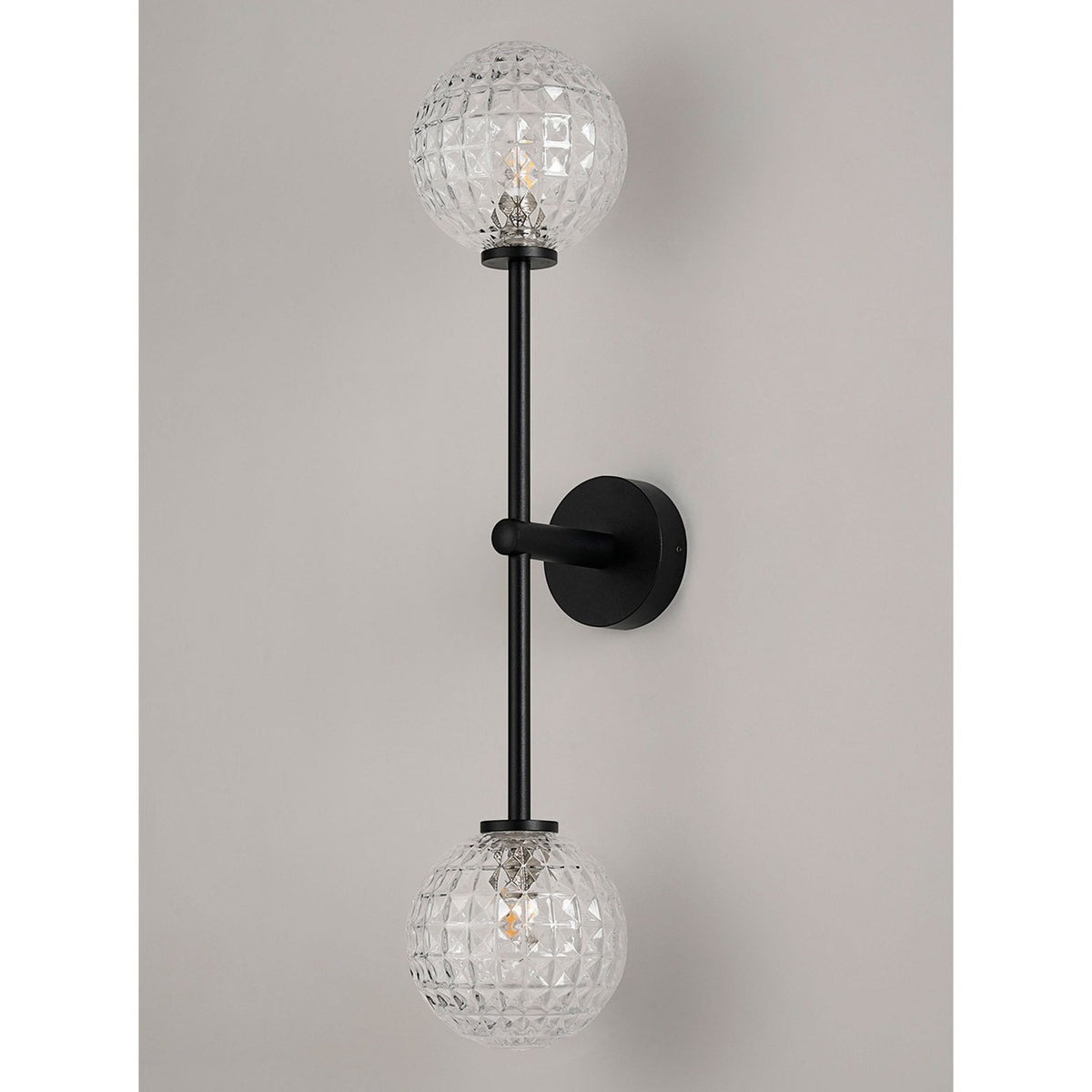 Tenterden Tall Twin Arm IP44 Wall Light in Satin Black with Cross Pattern Round Clear Glass Diffusers