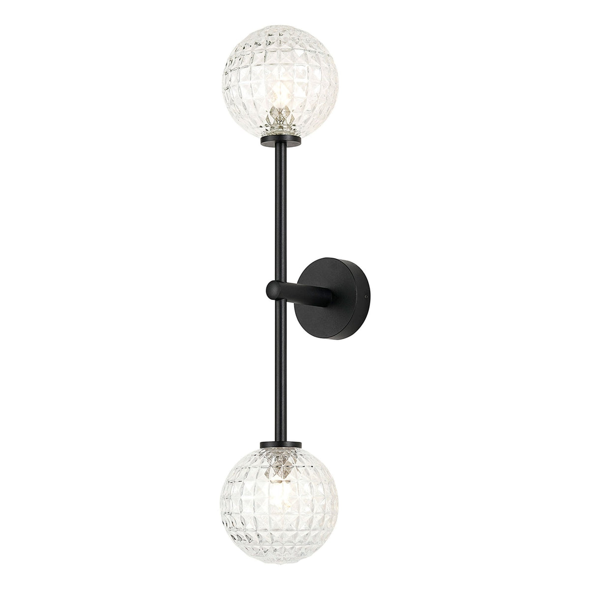 Tenterden Tall Twin Arm IP44 Wall Light in Satin Black with Cross Pattern Round Clear Glass Diffusers